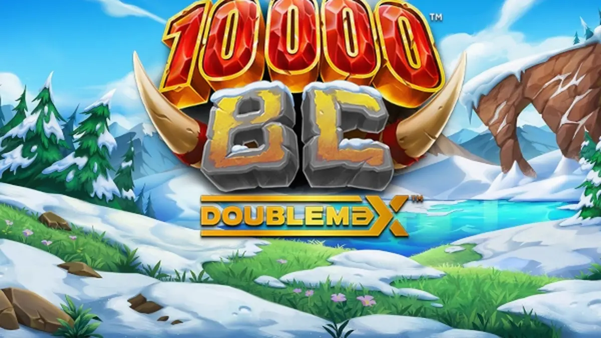 Interface do jogo 10000 BC DoubleMax com símbolos de animais pré-históricos e o medidor de multiplicador.