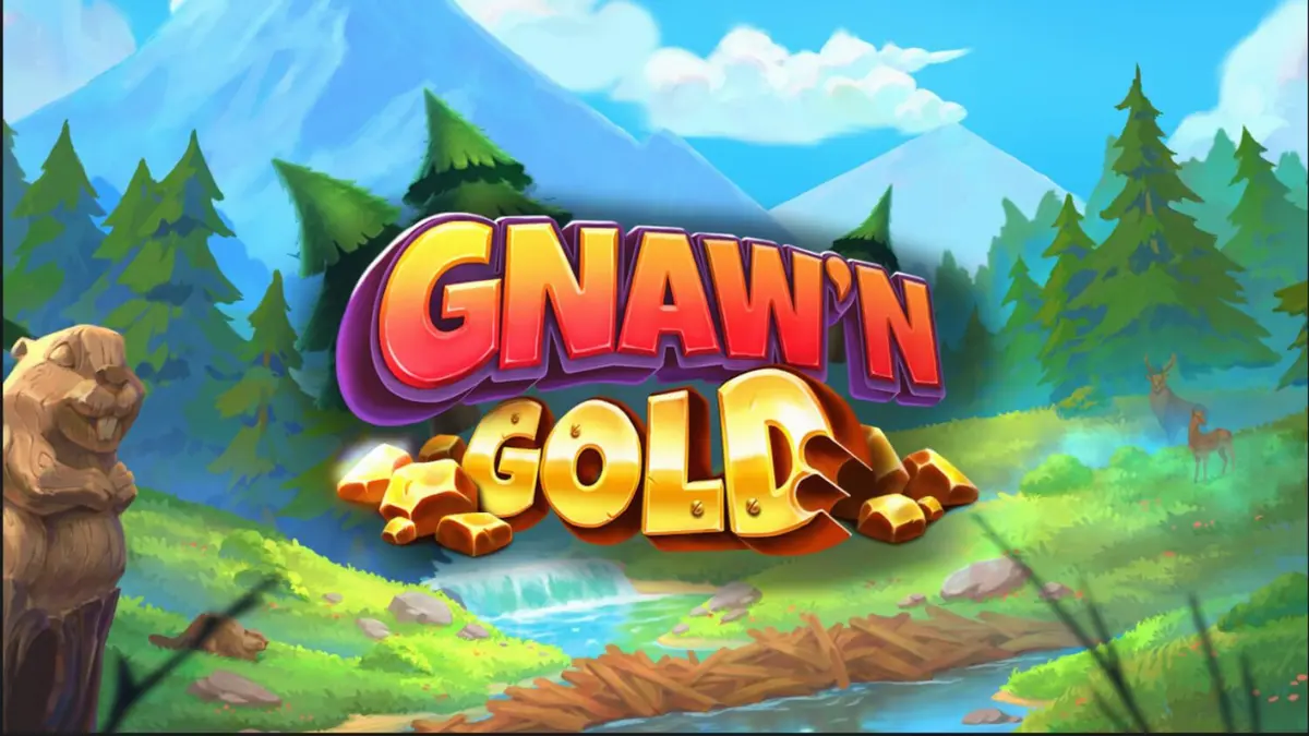 Cenário florestal do slot Gnaw’n Gold com castores e elementos de madeira