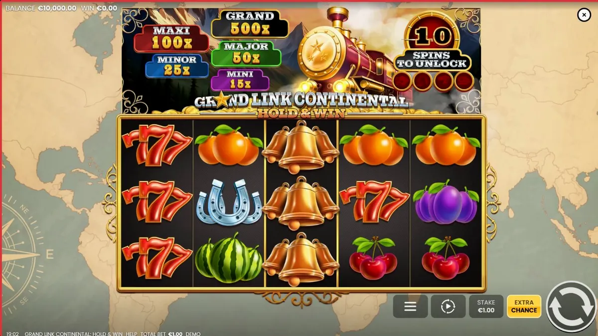 Interface do jogo Grand Link Continental: Hold & Win com tema de trem vintage